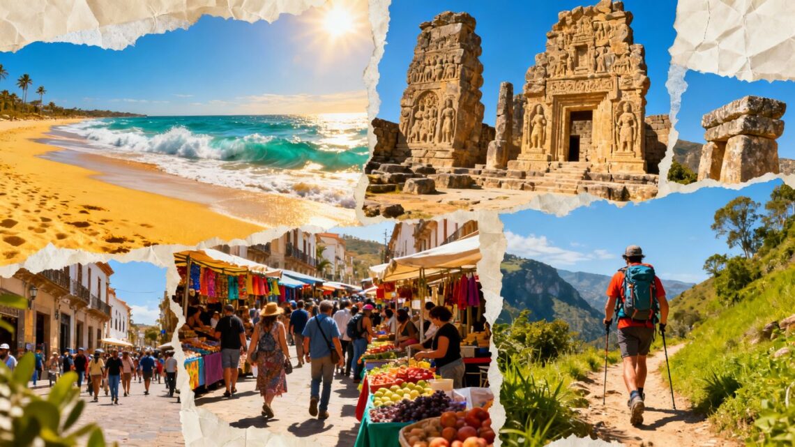 Beaches, landmarks, markets, and hikers under blue skies