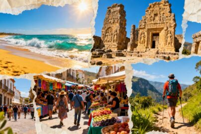 Beaches, landmarks, markets, and hikers under blue skies