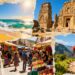 Beaches, landmarks, markets, and hikers under blue skies