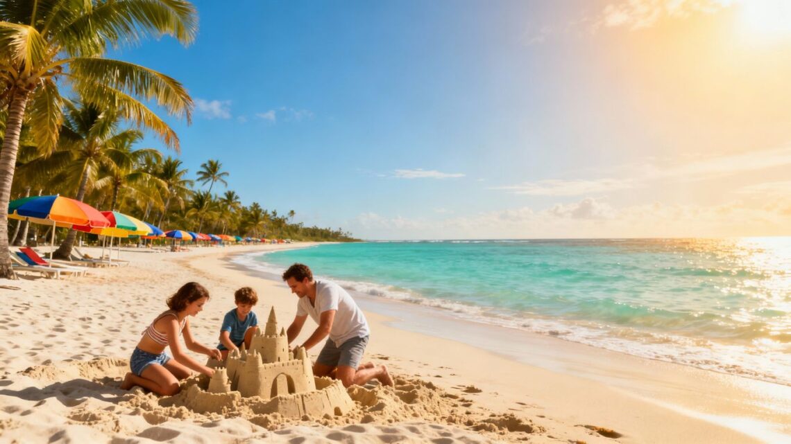 Family enjoying a sunny beach vacation with clear blue water.