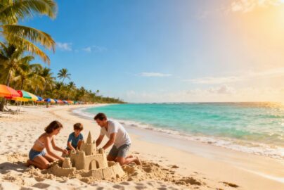 Family enjoying a sunny beach vacation with clear blue water.