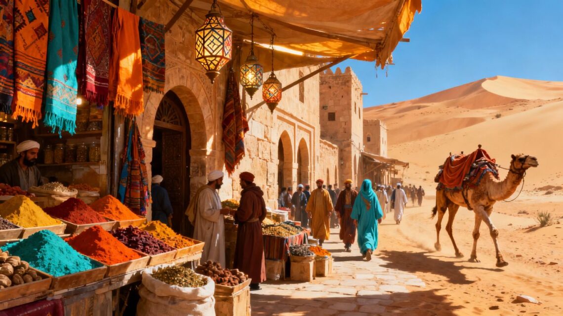 Colorful Moroccan marketplace and desert landscape with camels.