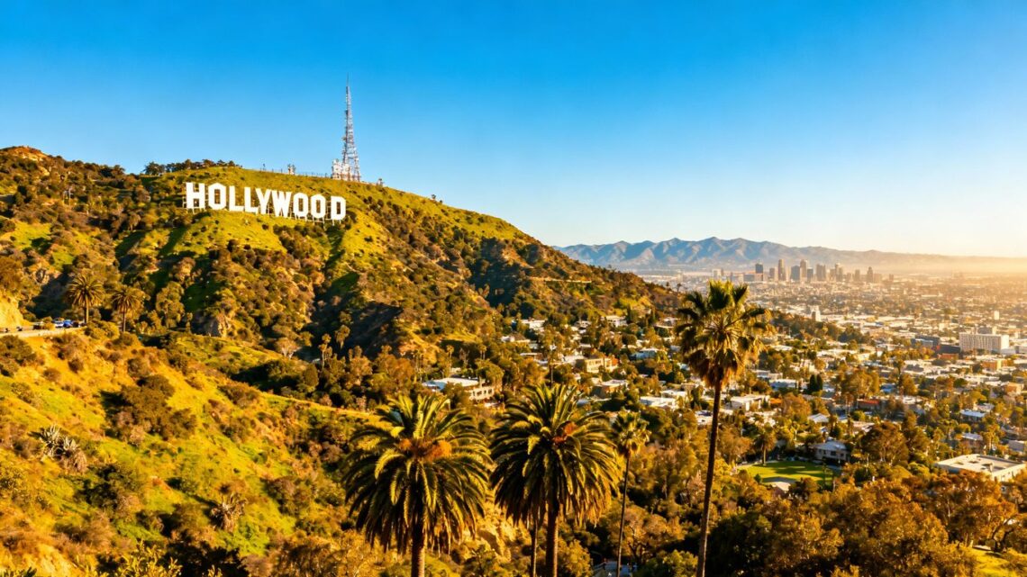 Hollywood sign overlooking Los Angeles cityscape