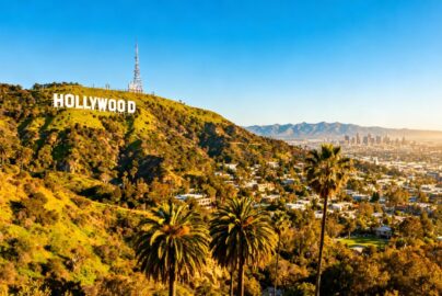 Hollywood sign overlooking Los Angeles cityscape
