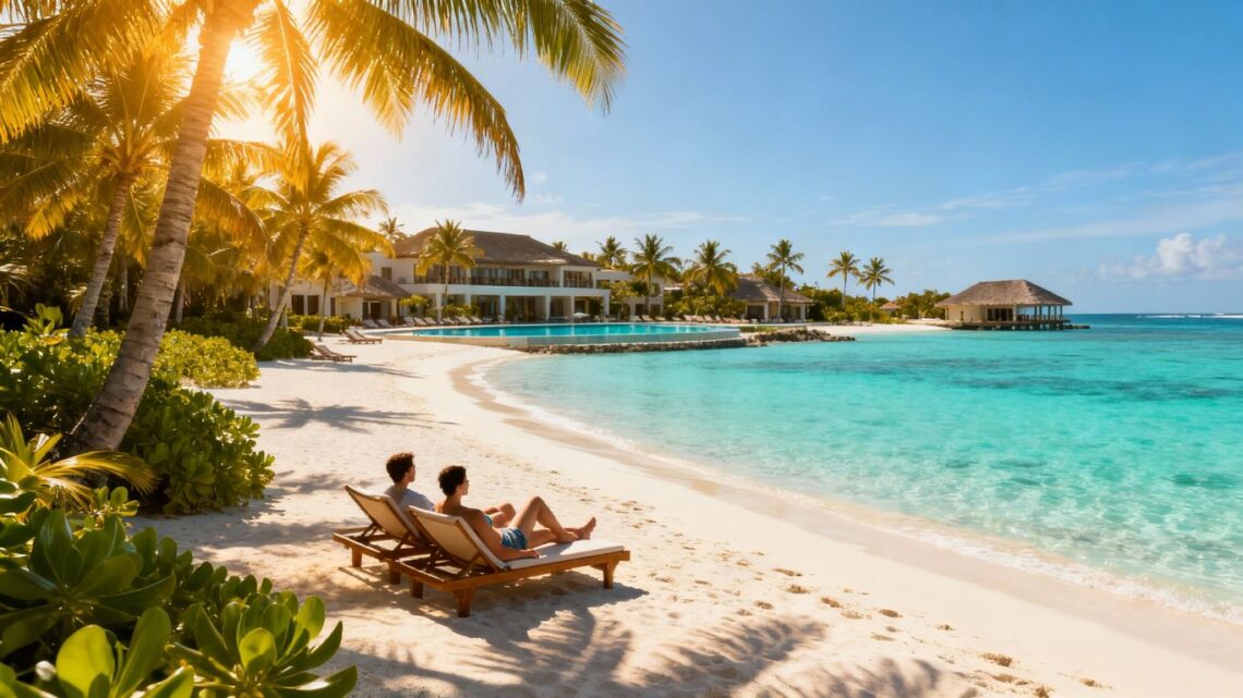 Couple relaxing on a tropical beach with TUI resort.