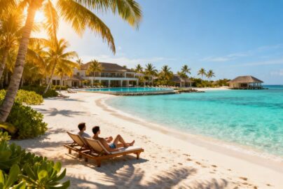 Couple relaxing on a tropical beach with TUI resort.