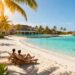 Couple relaxing on a tropical beach with TUI resort.