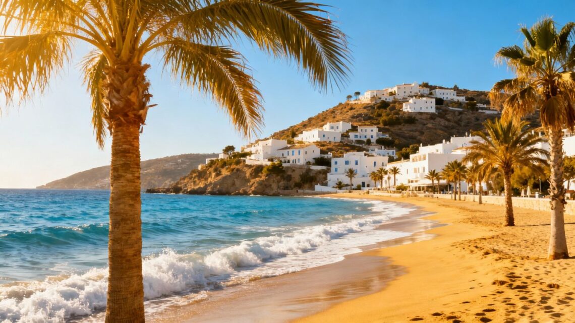 Sunny European coast with blue water and white buildings.