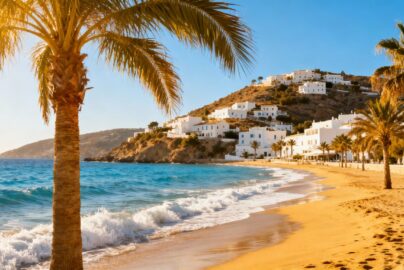 Sunny European coast with blue water and white buildings.