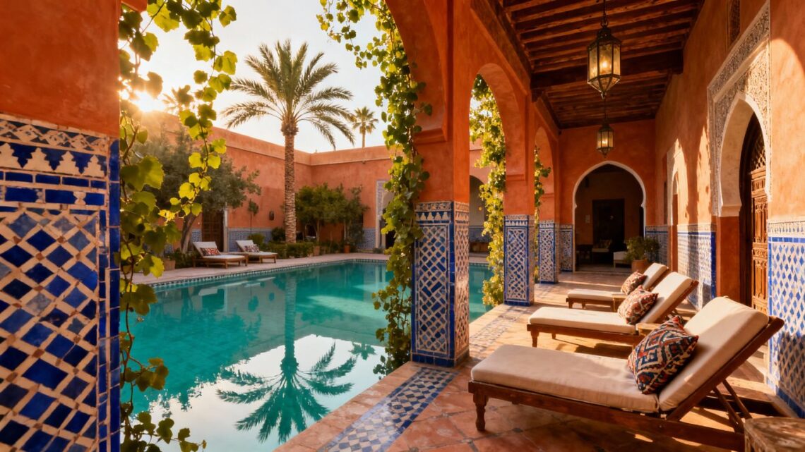 Luxurious Moroccan riad courtyard with pool and palm trees.