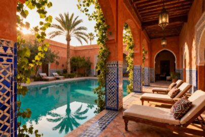 Luxurious Moroccan riad courtyard with pool and palm trees.