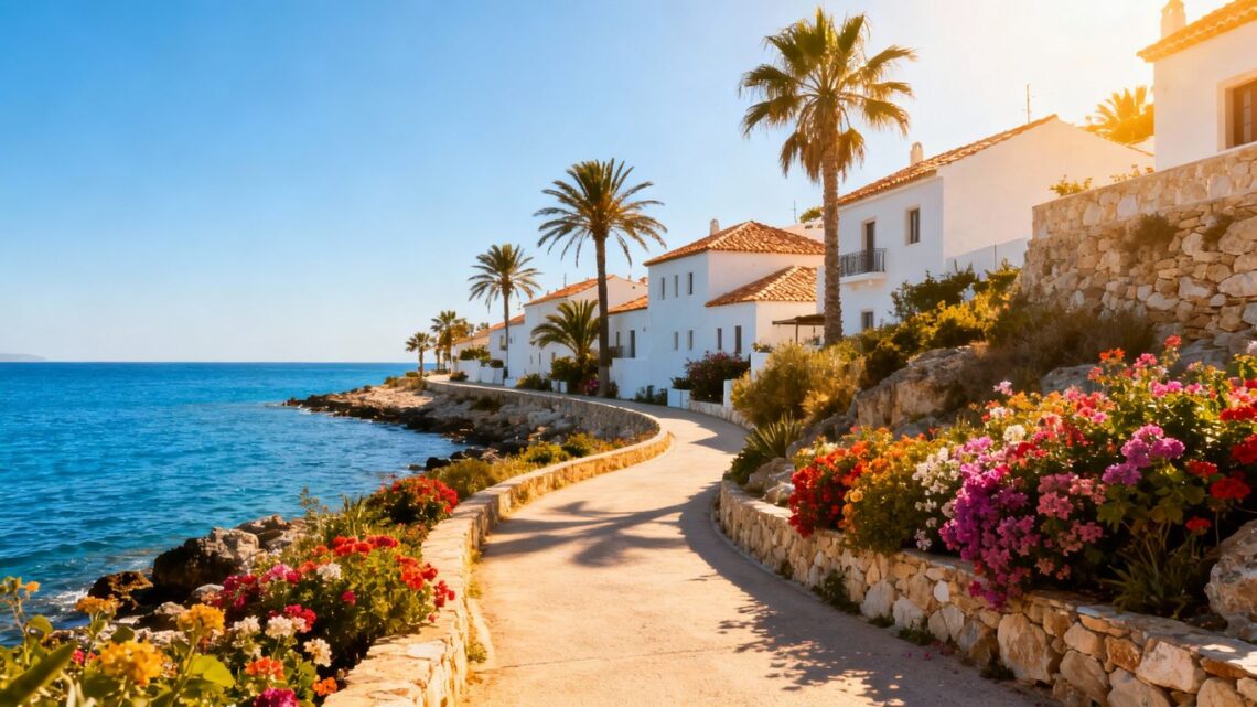 Sunny European coast with blue water and white buildings.