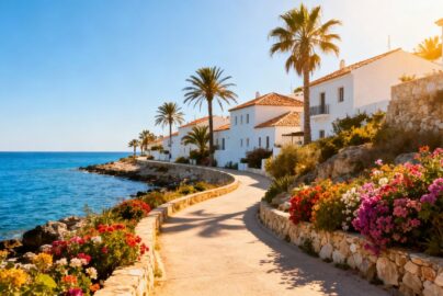 Sunny European coast with blue water and white buildings.