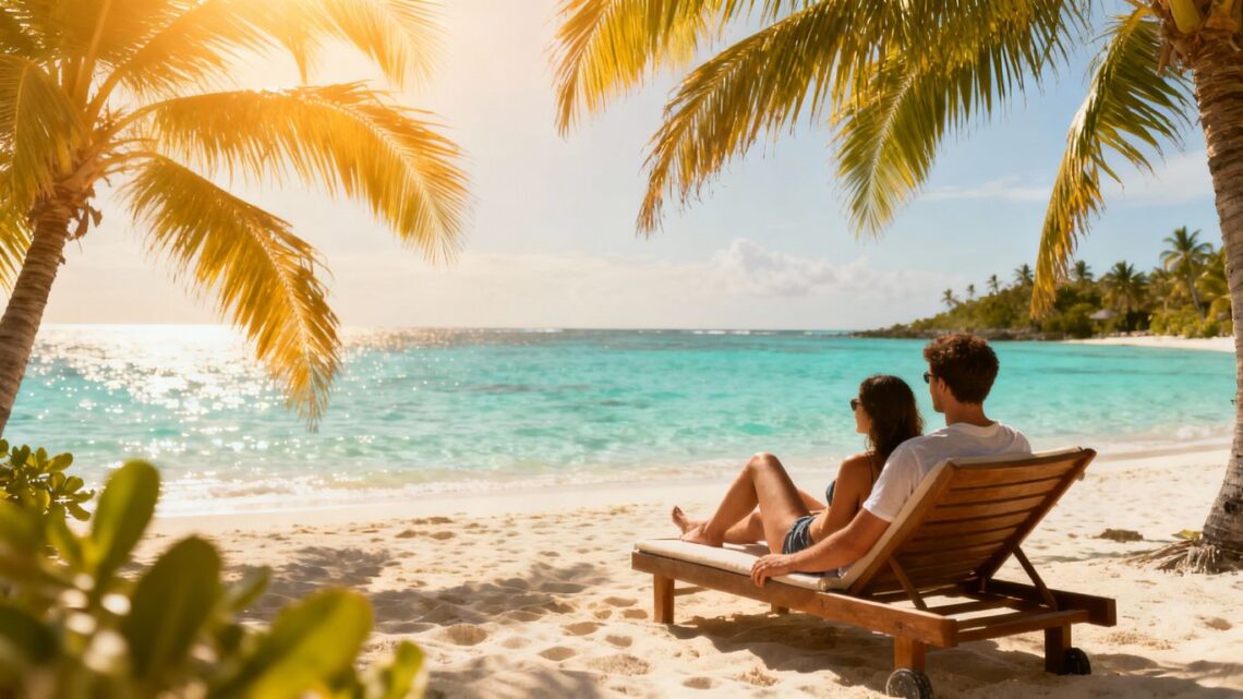 Couple relaxing on a tropical beach with clear blue water.