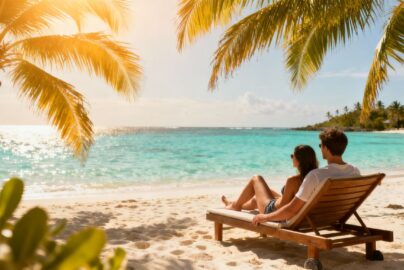 Couple relaxing on a tropical beach with clear blue water.