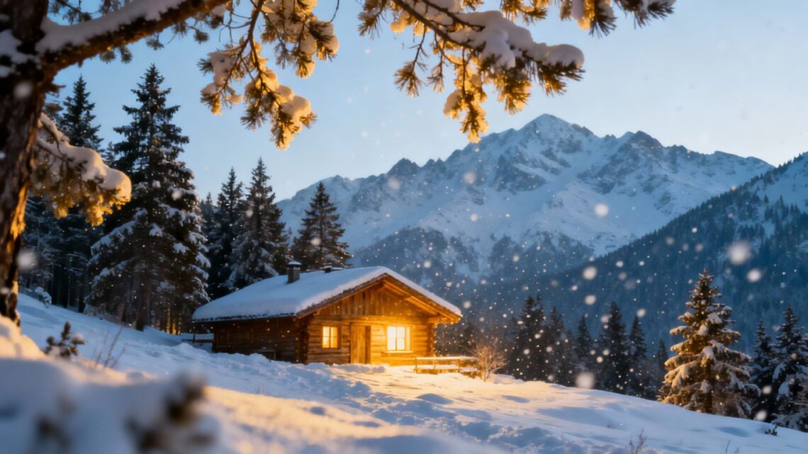 Cozy cabin in snowy mountains for winter getaway