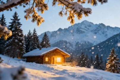 Cozy cabin in snowy mountains for winter getaway