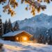 Cozy cabin in snowy mountains for winter getaway