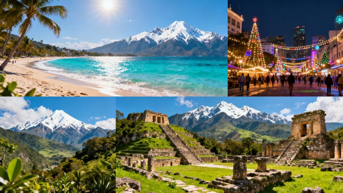 November travel destinations collage: beaches, mountains, cities, nature.