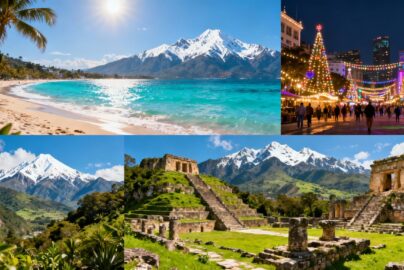 November travel destinations collage: beaches, mountains, cities, nature.