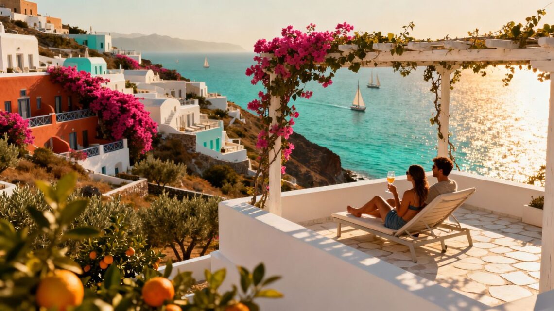 Couple enjoying a Greek island all-inclusive holiday.