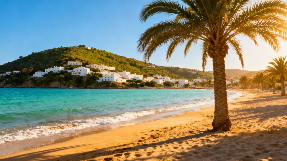 Sunny beach with palm trees and blue ocean.