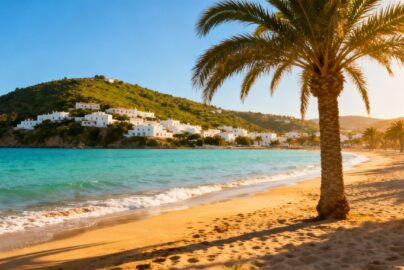 Sunny beach with palm trees and blue ocean.