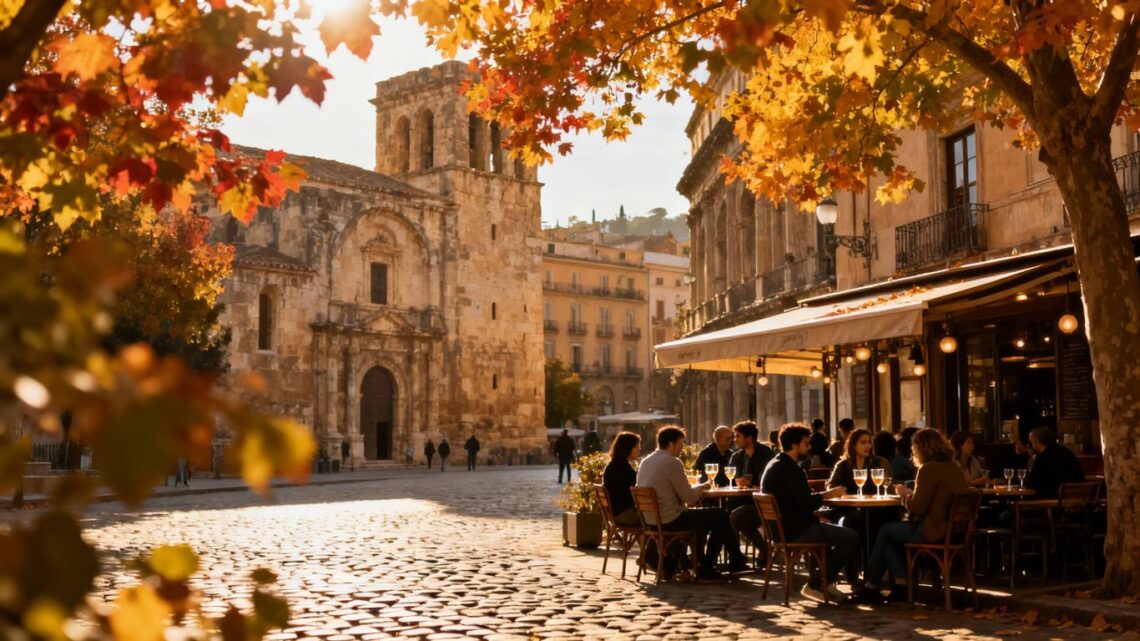 European city street in autumn with colorful foliage.