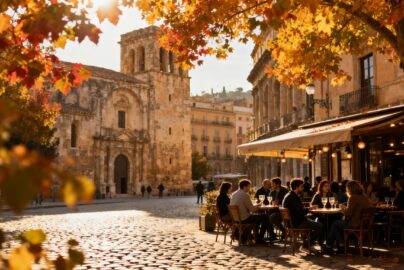 European city street in autumn with colorful foliage.