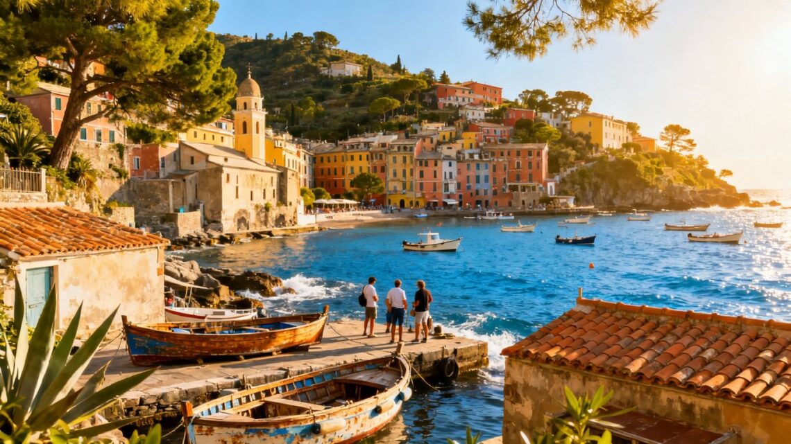 Colorful European coastal town with blue sea and boats.