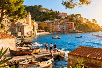 Colorful European coastal town with blue sea and boats.
