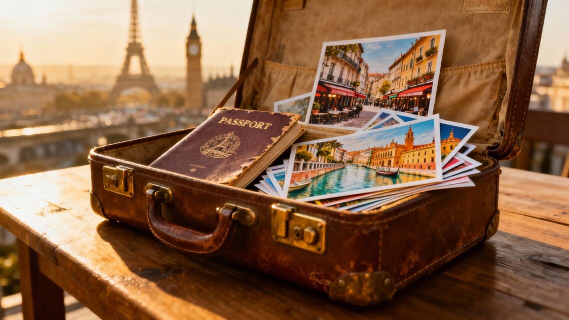 Suitcase with postcards and passport, European landmarks in background.