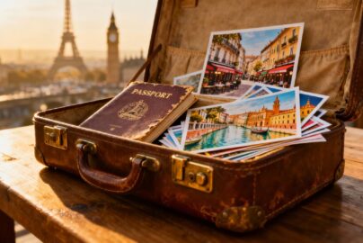 Suitcase with postcards and passport, European landmarks in background.