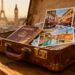Suitcase with postcards and passport, European landmarks in background.
