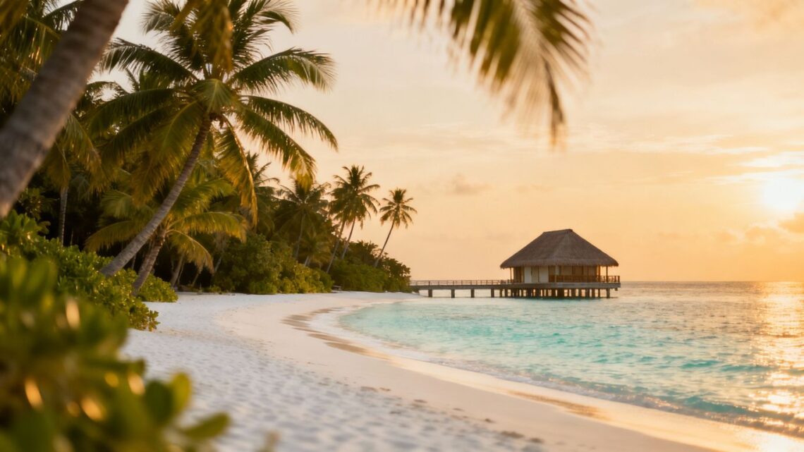 Maldives overwater bungalow on turquoise water
