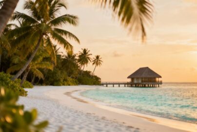 Maldives overwater bungalow on turquoise water