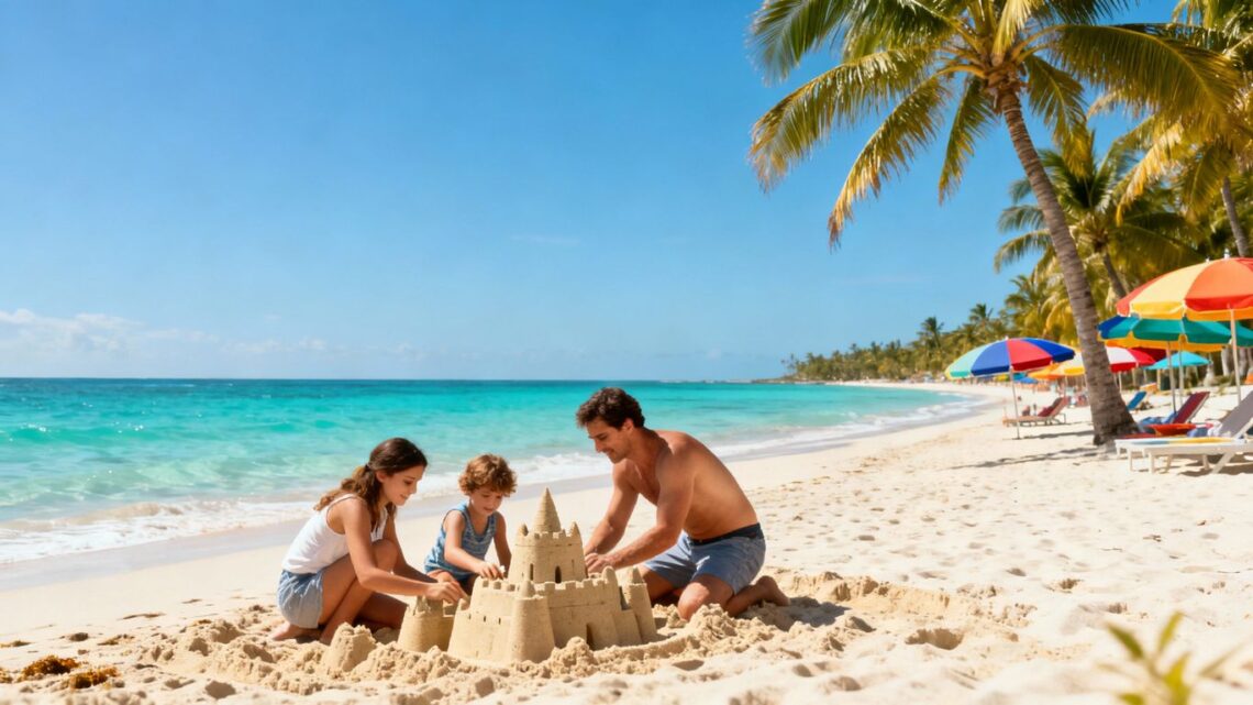 Family enjoying a sunny beach vacation with clear blue water.