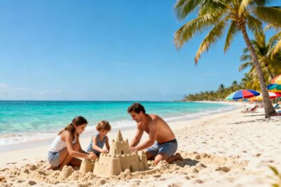 Family enjoying a sunny beach vacation with clear blue water.
