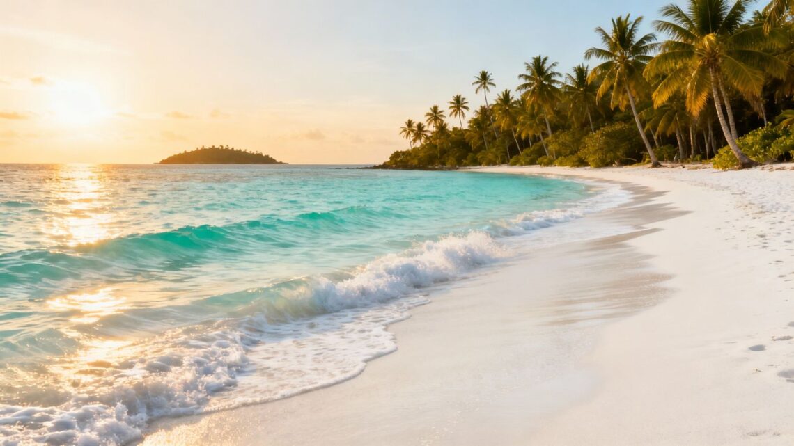 Affordable tropical beach destination with palm trees and clear water.