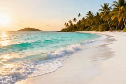 Affordable tropical beach destination with palm trees and clear water.