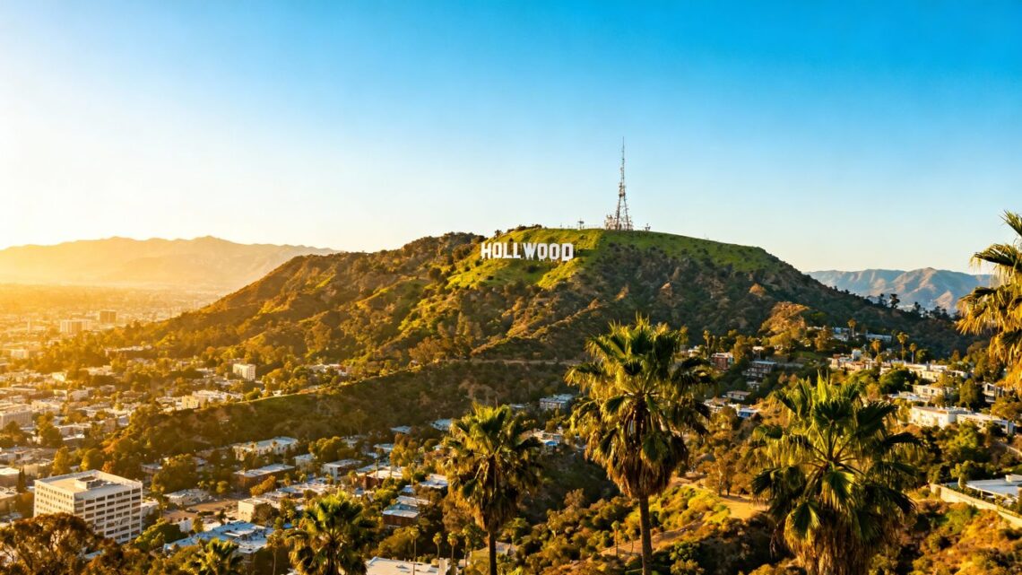 Hollywood sign overlooking Los Angeles cityscape