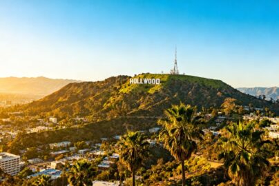 Hollywood sign overlooking Los Angeles cityscape