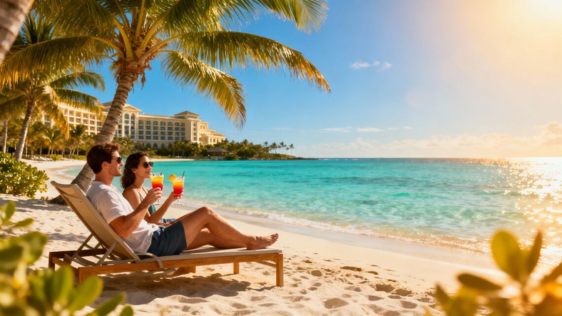 Couple enjoying cocktails on a tropical beach vacation.