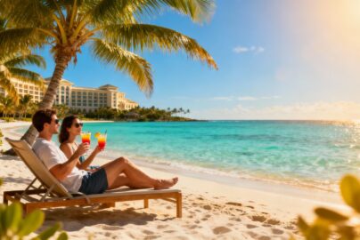 Couple enjoying cocktails on a tropical beach vacation.