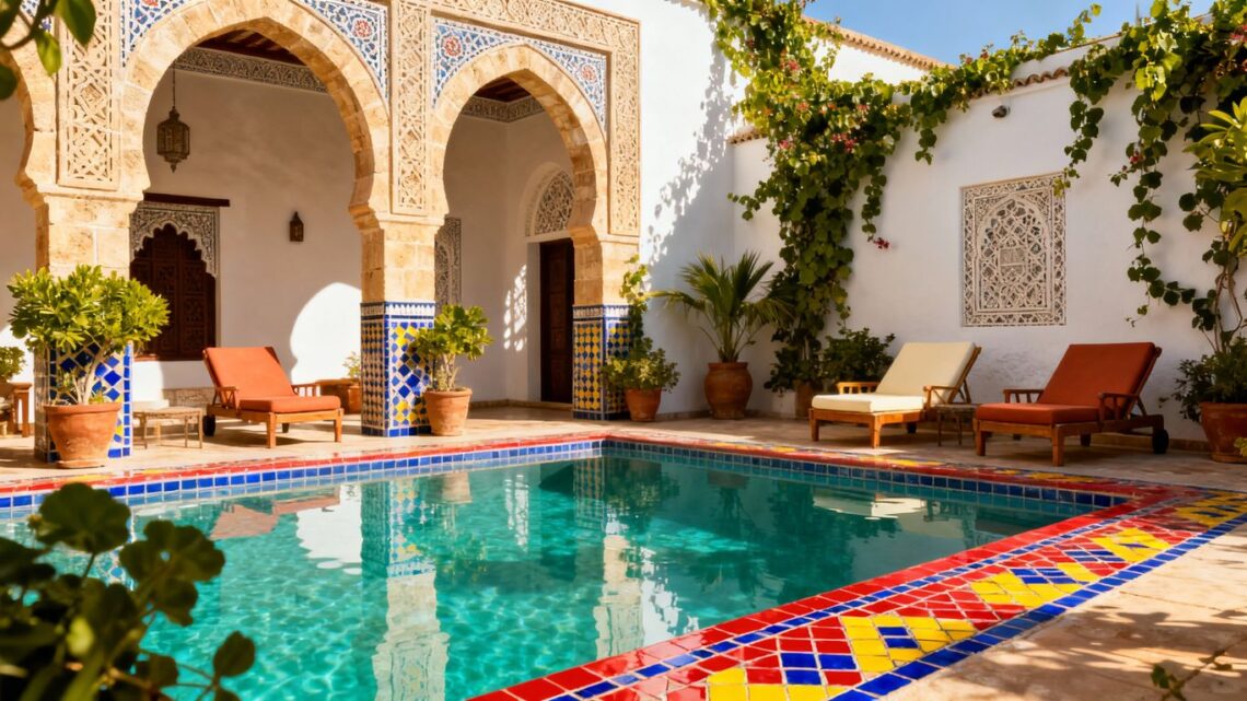 Moroccan riad courtyard with pool and lounge chairs.