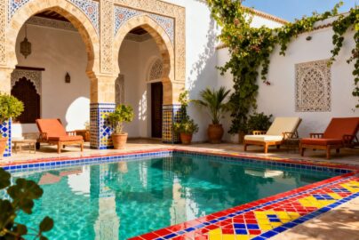 Moroccan riad courtyard with pool and lounge chairs.