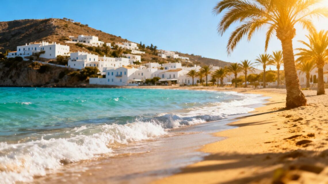 Sunny European coast with clear blue water and white buildings.