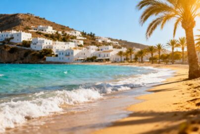 Sunny European coast with clear blue water and white buildings.