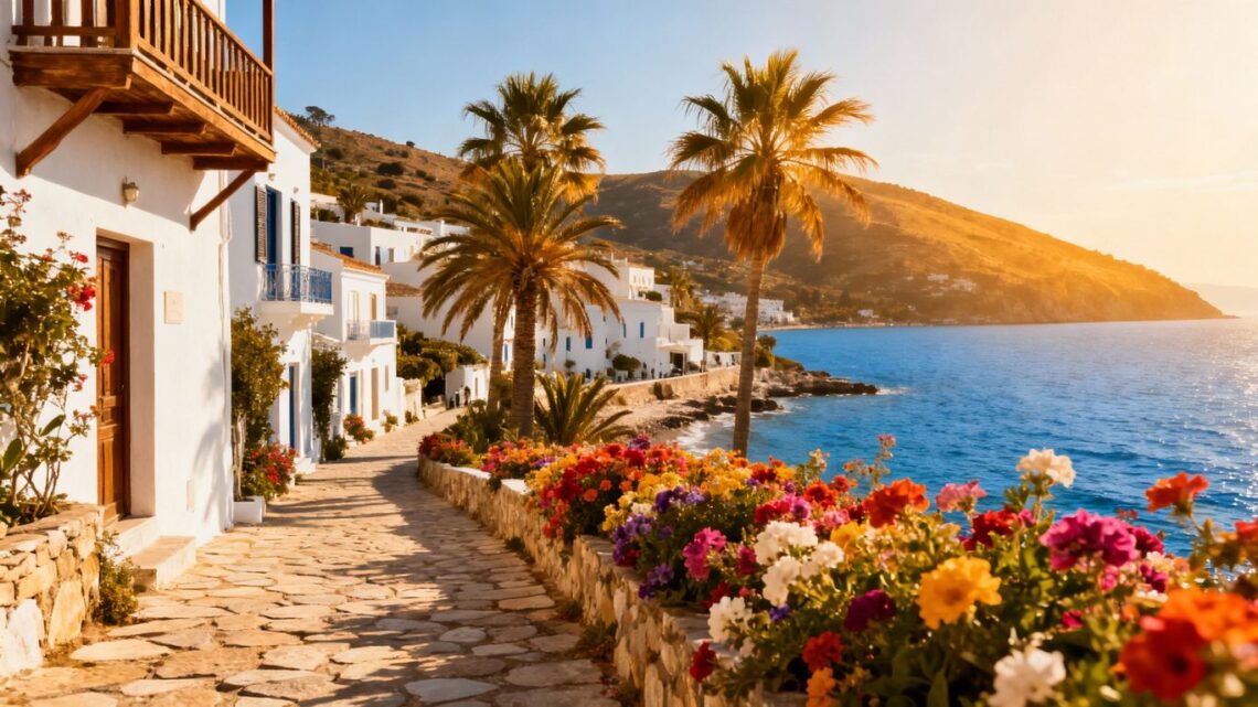 Sunny European coast with blue water and white buildings.