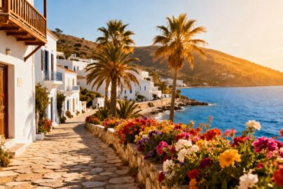 Sunny European coast with blue water and white buildings.